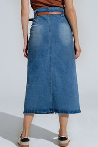 Saia Midi em ganga azul com abertura frontal