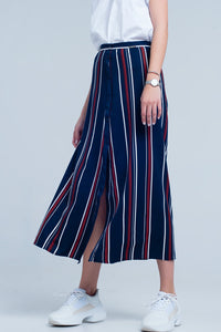 Saia midi listrada azul marinho