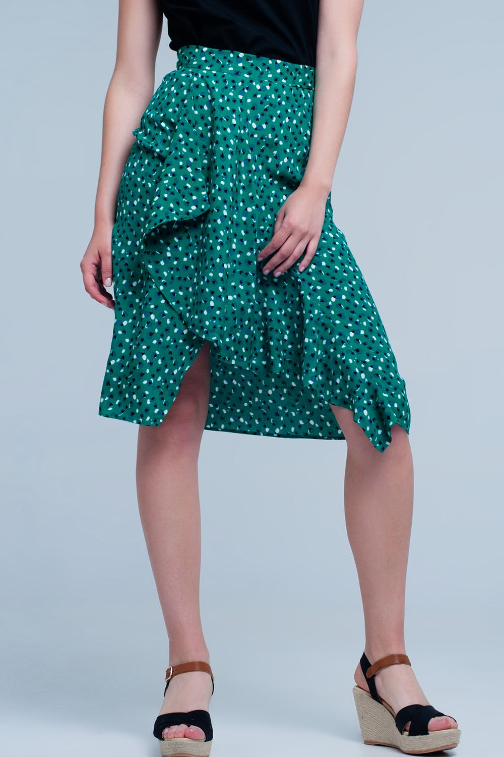 Q2 Saia verde Midi com estampa floral de bolinhas e detalhe de plissado