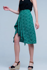 Saia verde Midi com estampa floral de bolinhas e detalhe de plissado