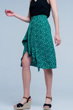 Saia verde Midi com estampa floral de bolinhas e detalhe de plissado