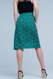 Saia verde Midi com estampa floral de bolinhas e detalhe de plissado