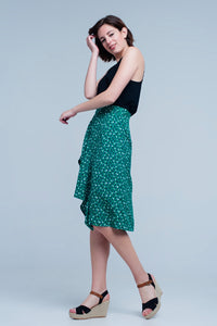 Saia verde Midi com estampa floral de bolinhas e detalhe de plissado