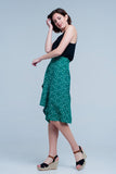 Saia verde Midi com estampa floral de bolinhas e detalhe de plissado