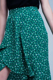 Saia verde Midi com estampa floral de bolinhas e detalhe de plissado