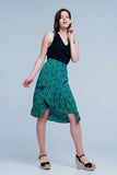 Saia verde Midi com estampa floral de bolinhas e detalhe de plissado