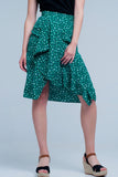 Q2 Saia verde Midi com estampa floral de bolinhas e detalhe de plissado