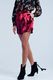 Q2 Shorts de cetim vermelho com laço de cintura