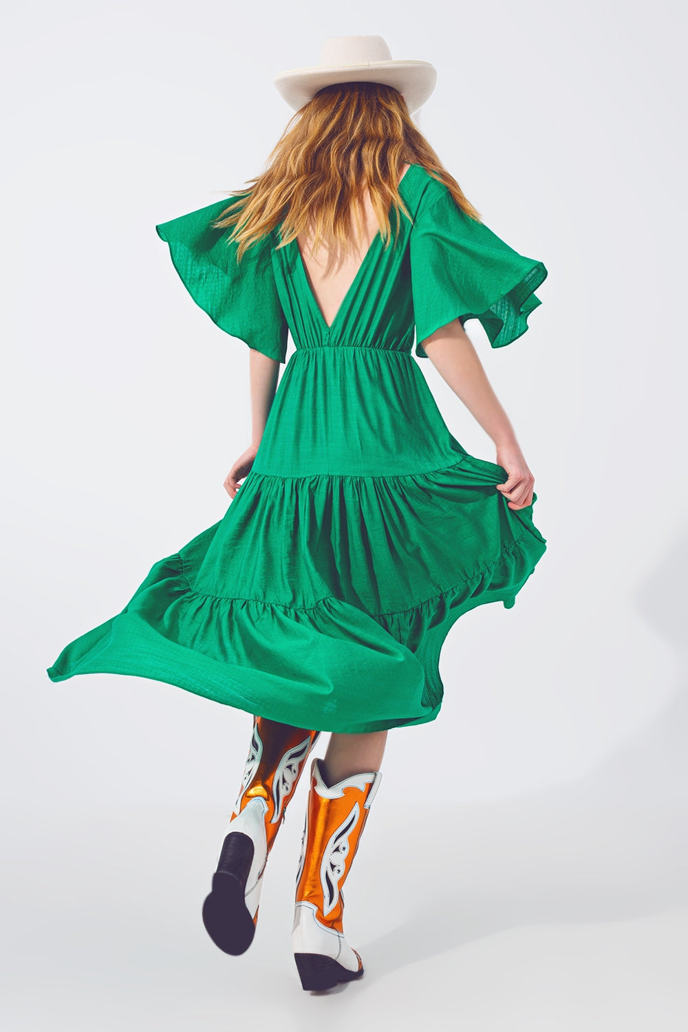 Q2 Smock V Neck Maxi Vestido de Verde