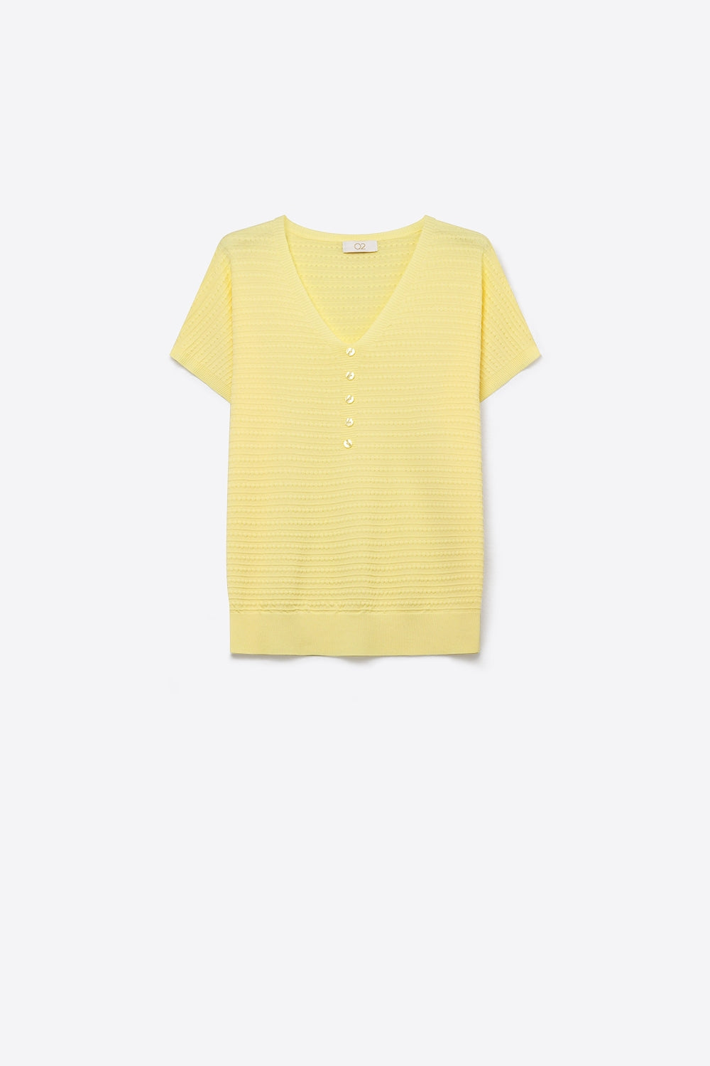 Q2 Suéter Amarelo com Textura em Malha e Botões no Decote em V