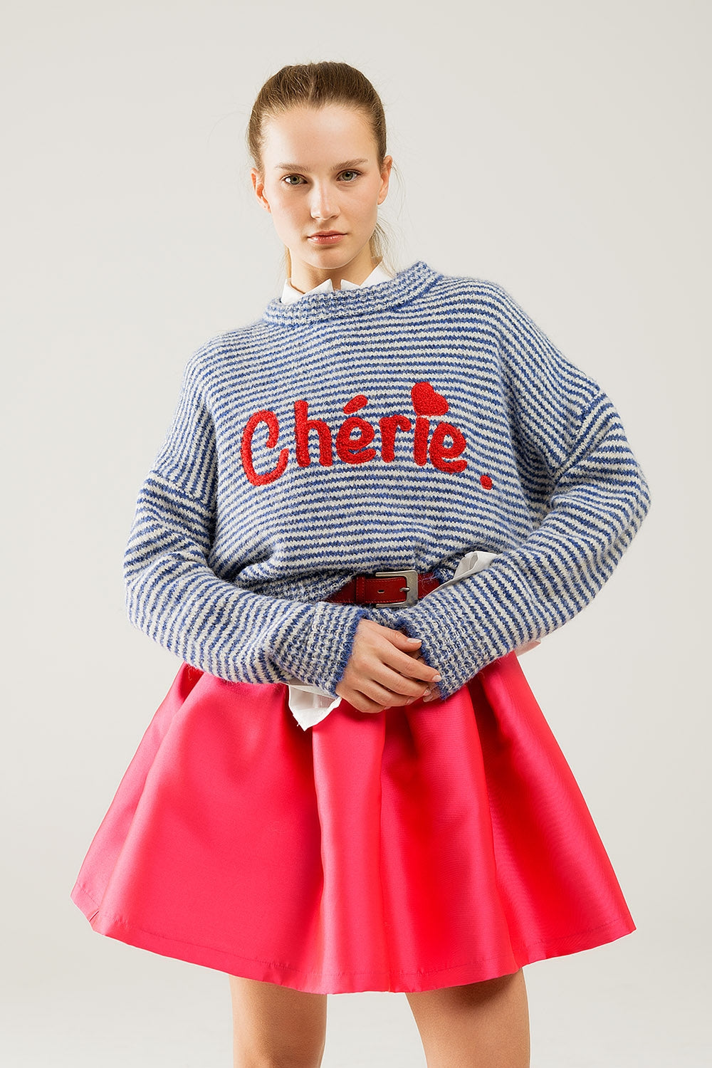 Q2 Suéter Chunky Stripey relaxado em azul e branco