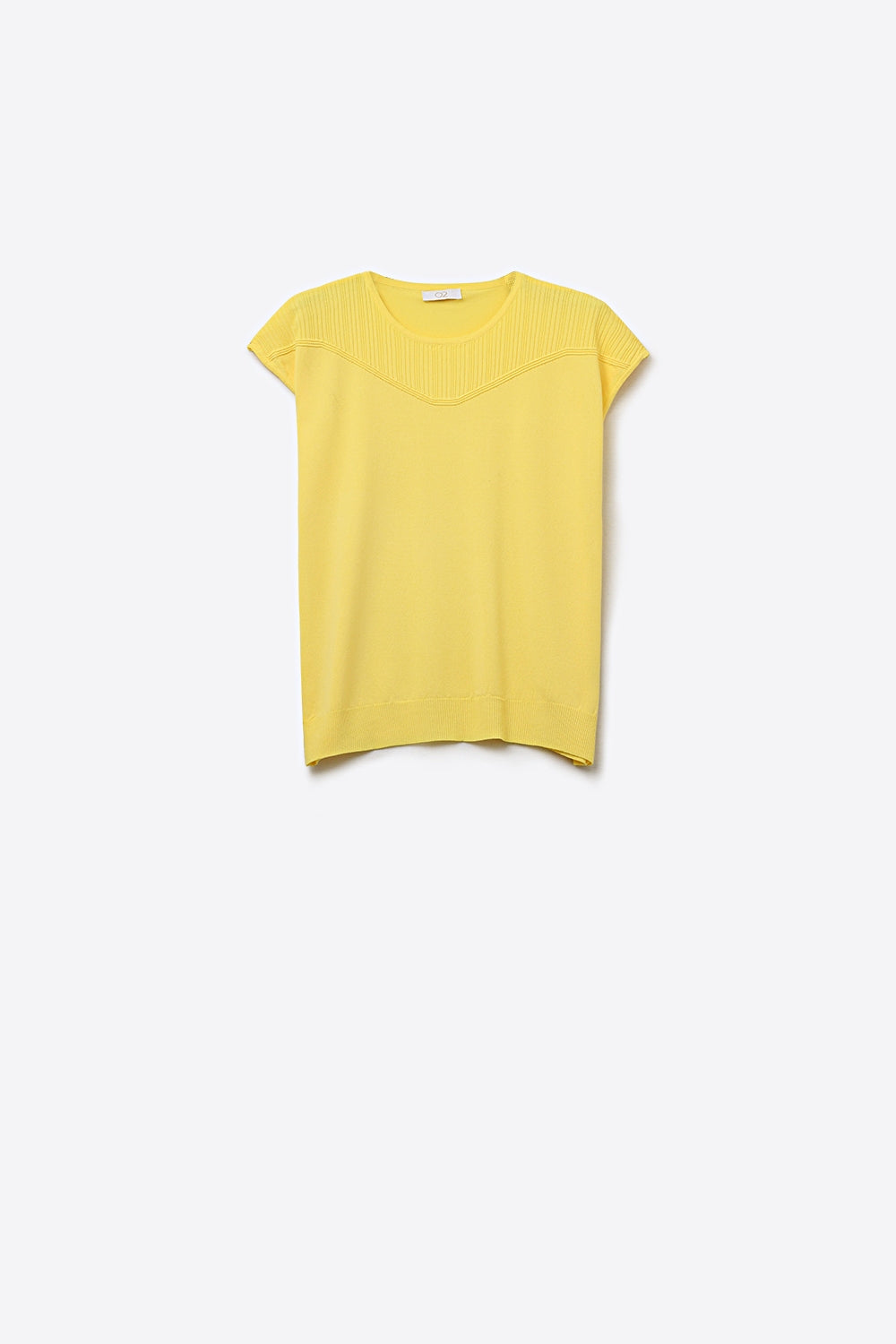 Q2 Suéter de Malha Amarelo de Manga Curta com Detalhe Canelado