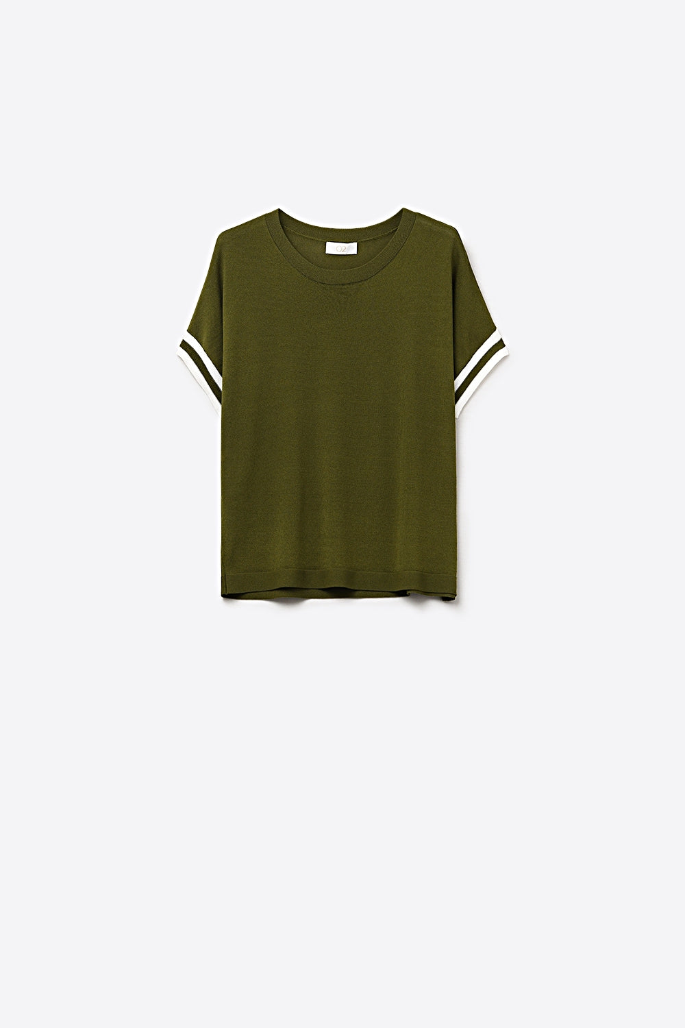 Q2 Suéter de malha fina verde-oliva com punhos listrados