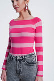 Sueter listrado fucsia com gola de barco