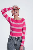 Q2 Sueter listrado fucsia com gola de barco