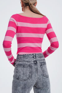 Sueter listrado fucsia com gola de barco