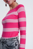 Sueter listrado fucsia com gola de barco