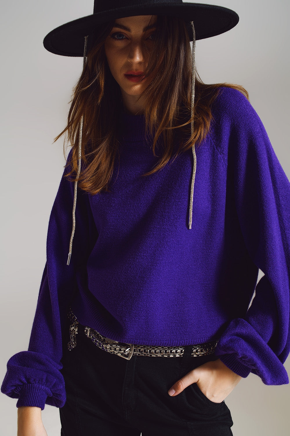 Q2 suéter roxo de estilo descontraído com mangas bufantes