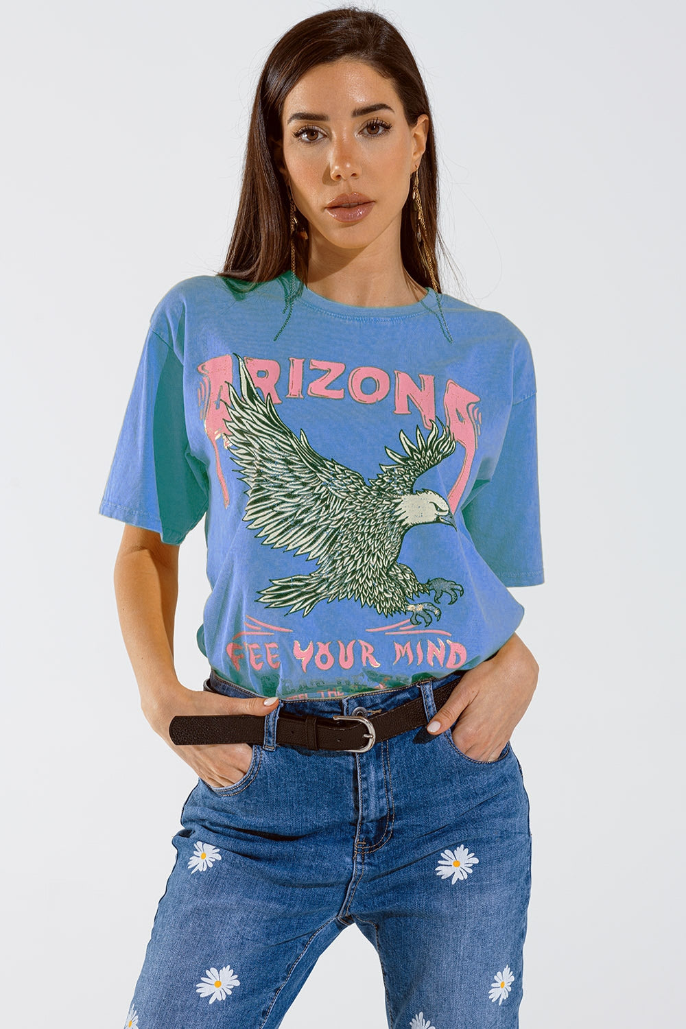 Q2 T-shirt Arizona com impressão digital Eagle em azul