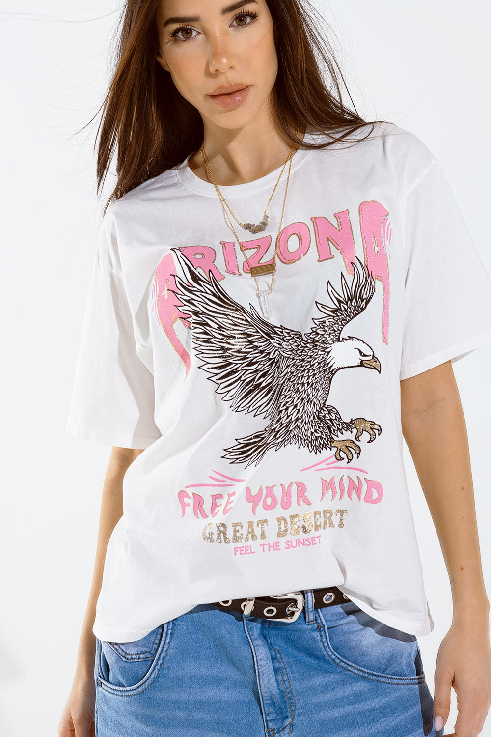 Q2 T-shirt Arizona com impressão digital Eagle em branco