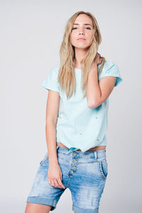 Q2 T-shirt azul com detalhes em strass