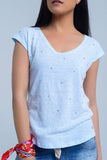 T-shirt azul com rhinestones de cristal