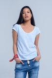 Q2 T-shirt azul com rhinestones de cristal