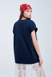 T-shirt azul escura com desenho da mansão do castelo