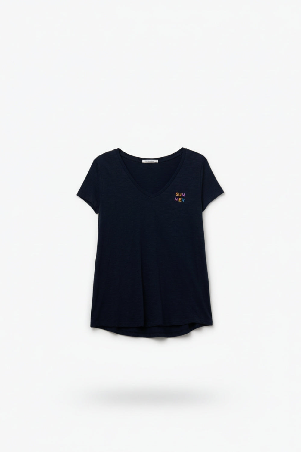 Q2 T-Shirt azul-marinho com decote largo e pormenor de texto