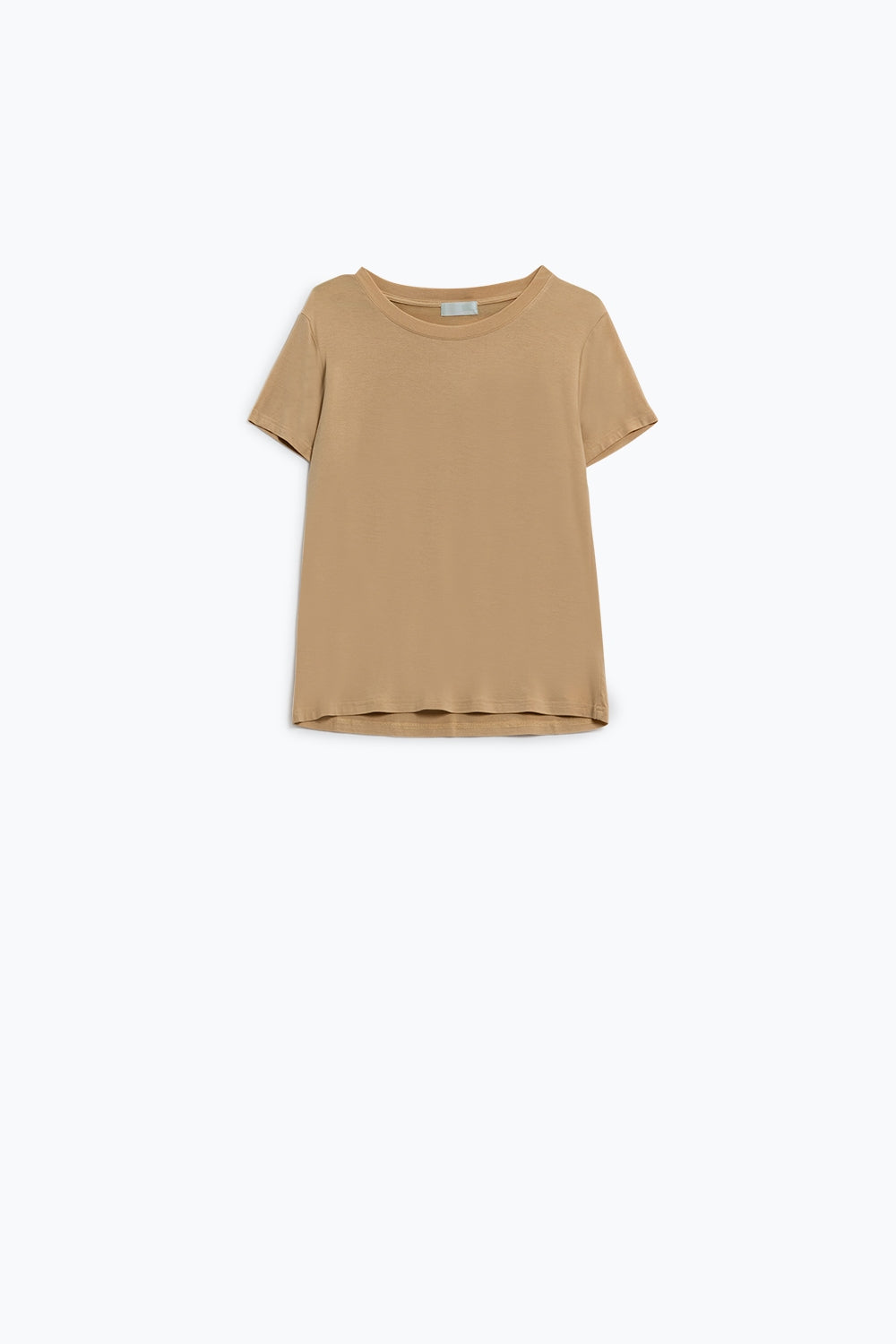 Q2 T-shirt básica de viscose com gola redonda em camel
