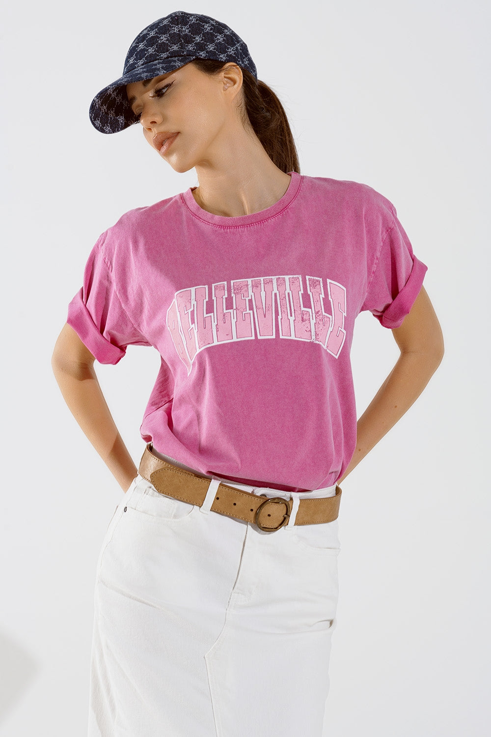 Q2 T-Shirt Belleville com efeito lavado em cor-de-rosa