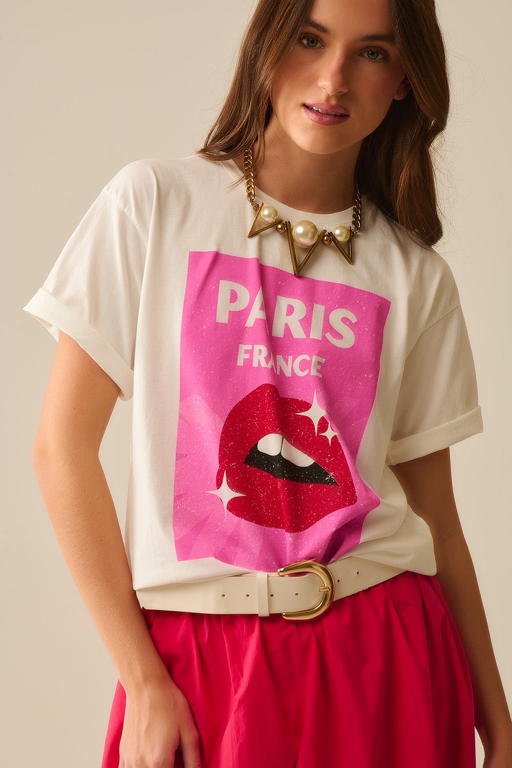 T-shirt branca descontraída com estampado de lábios fabricada em Itália