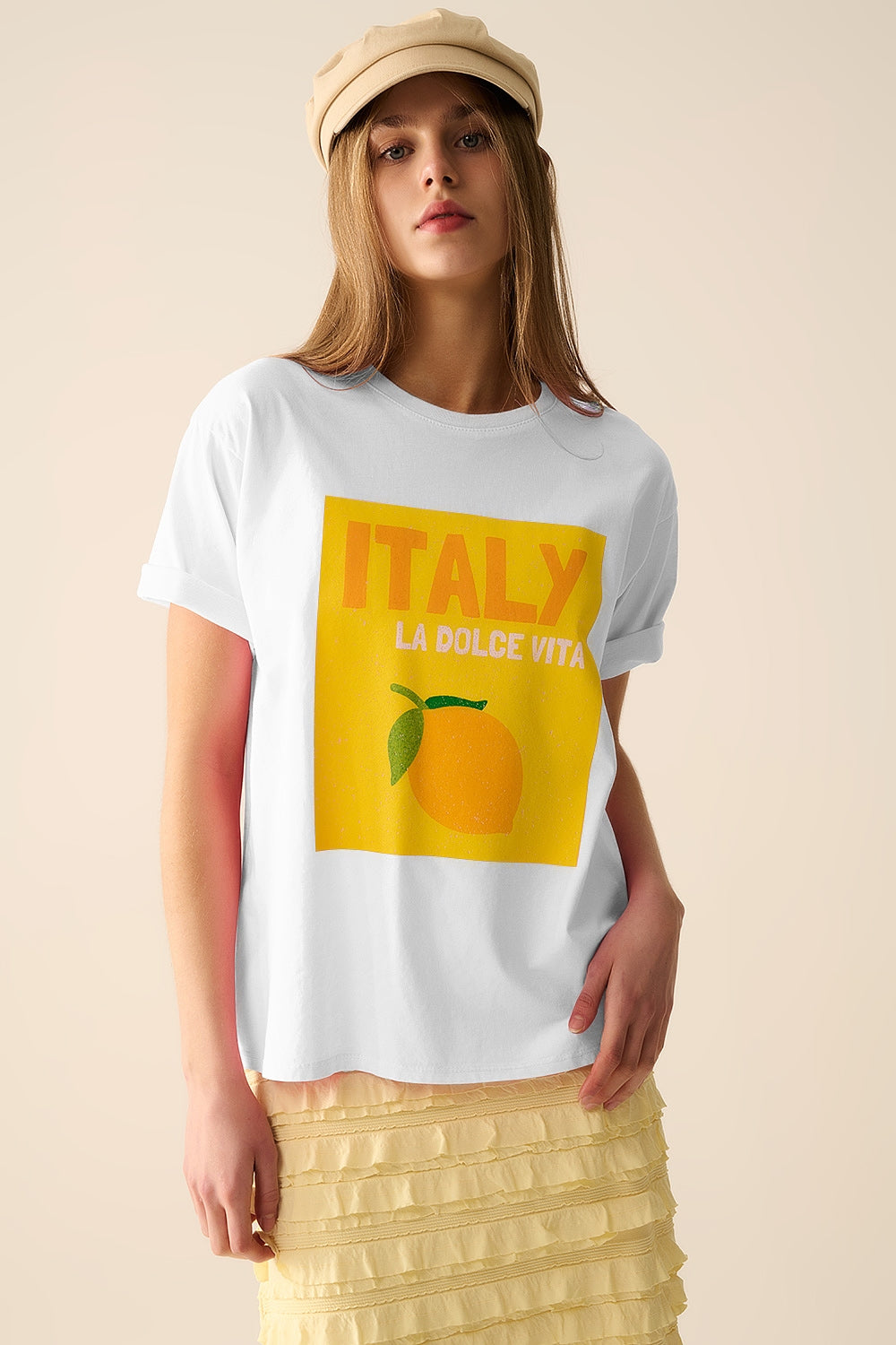 Q2 T-shirt branca Itália Dolce Vita com estampado gráfico de limão