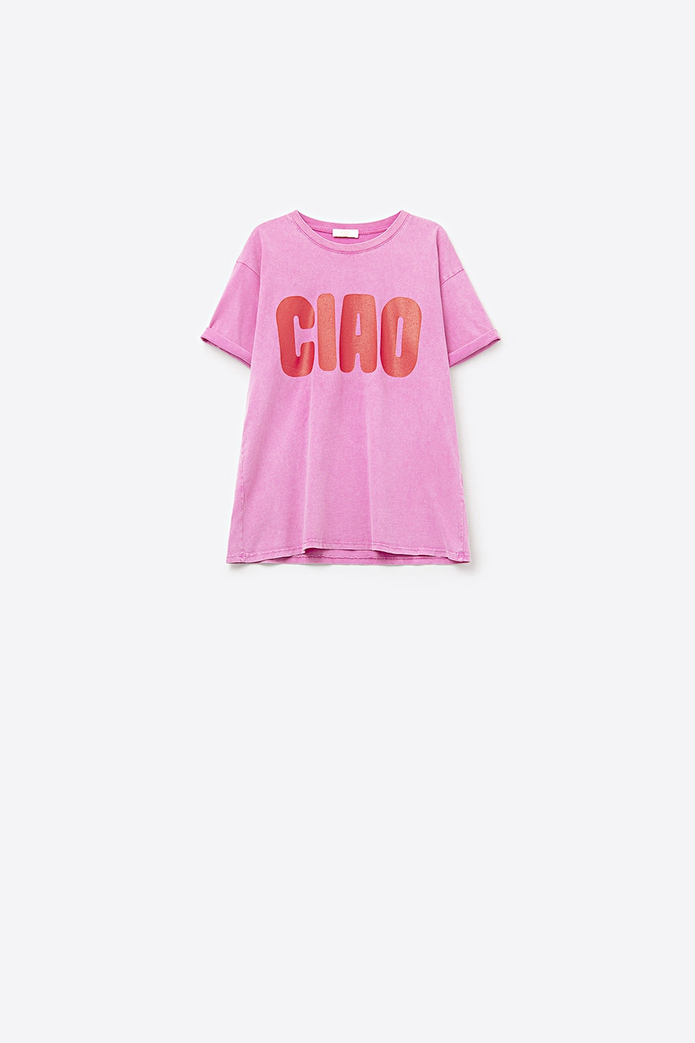 Q2 T-Shirt CIAO Rosa Descontraída com Letras Vermelhas