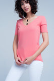 T-shirt coral com decote em v
