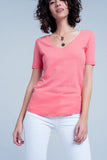 Q2 T-shirt coral com decote em v
