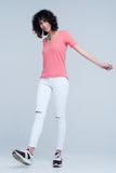 T-shirt coral com decote em v