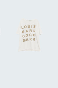 T-shirt Creme com logótipos de nomes famosos à frente