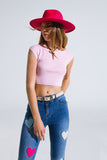 T-shirt de malha com mangas curtas em rosa