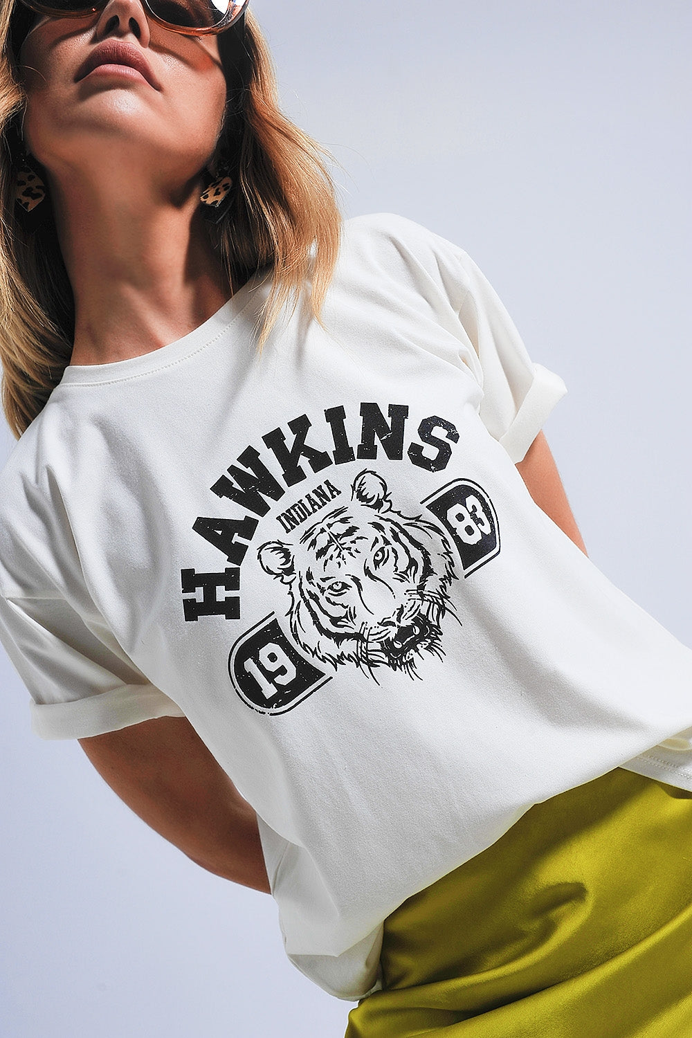 Q2 T-shirt de manga curta com estampa de tigre Hawkins