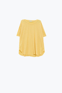 T-shirt de riscas descontraída com gola redonda em amarelo