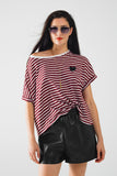Q2 T-shirt de riscas largas cor de vinho com decoração de corações em lantejoulas