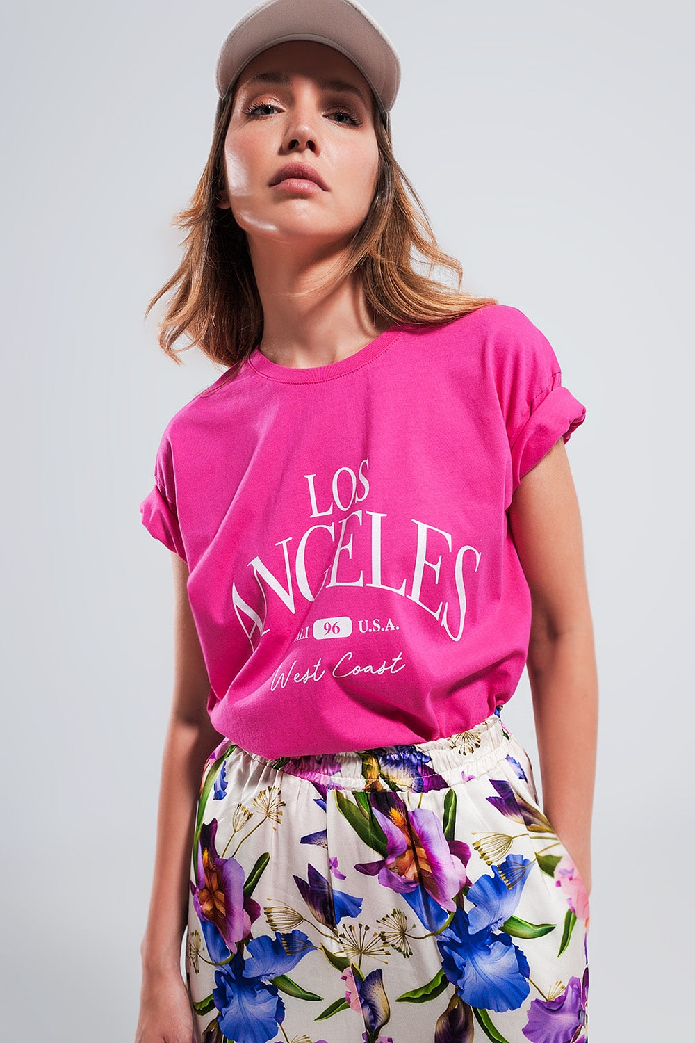 Q2 T shirt fuchsia com texto impresso Los Angeles