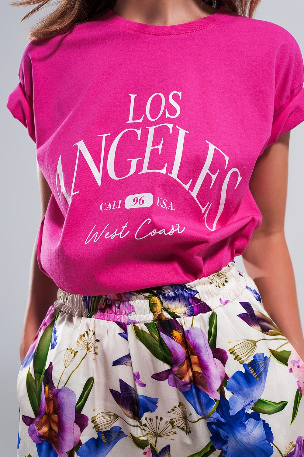 T shirt fuchsia com texto impresso Los Angeles