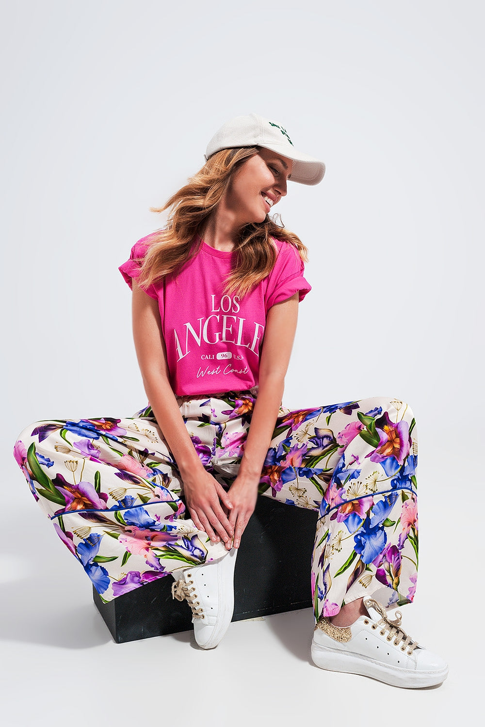 T shirt fuchsia com texto impresso Los Angeles