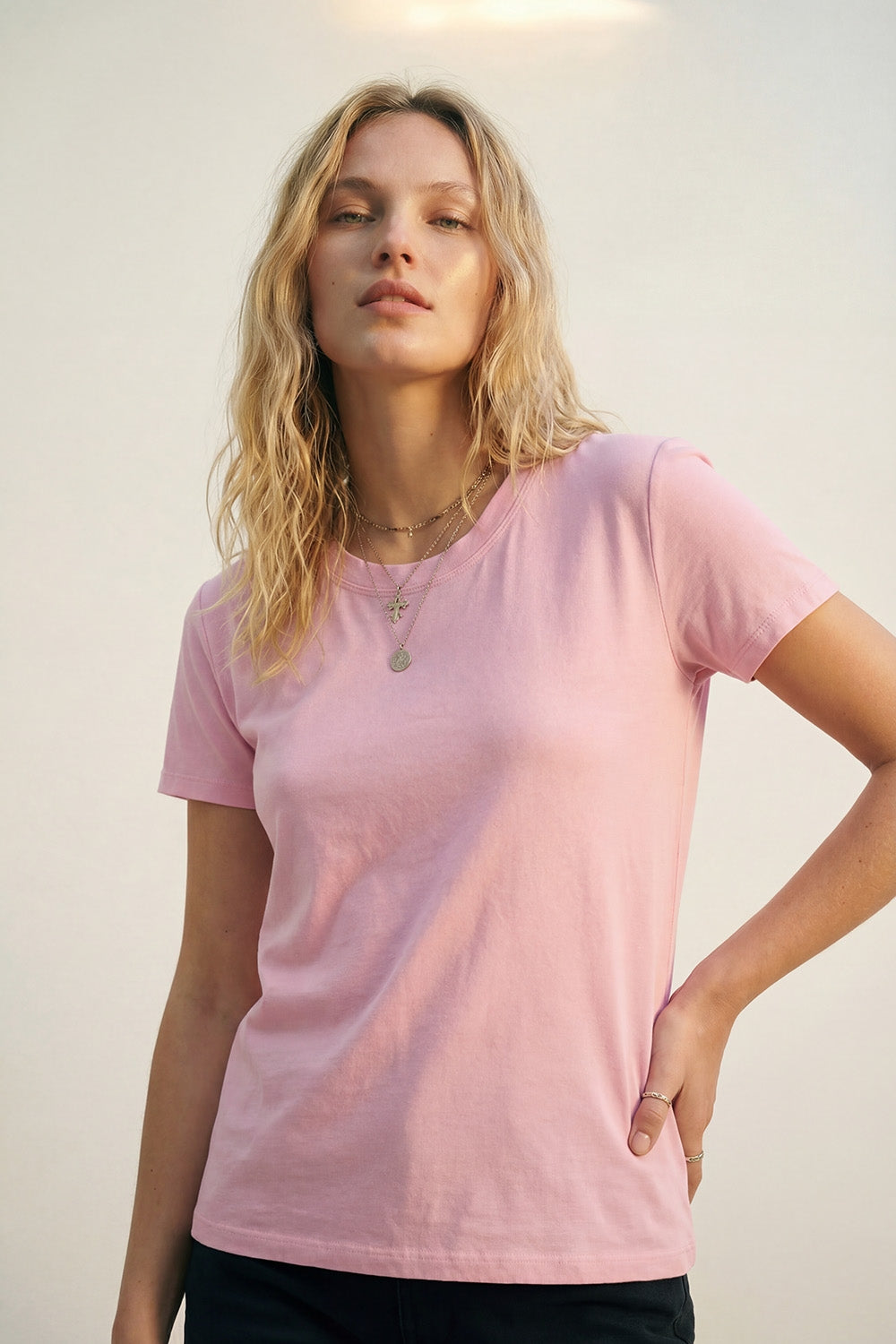 Q2 T-shirt leve de viscose macia em rosa bebé