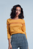 Q2 T-shirt mustard com mangas 3/4 com detalhe de laço