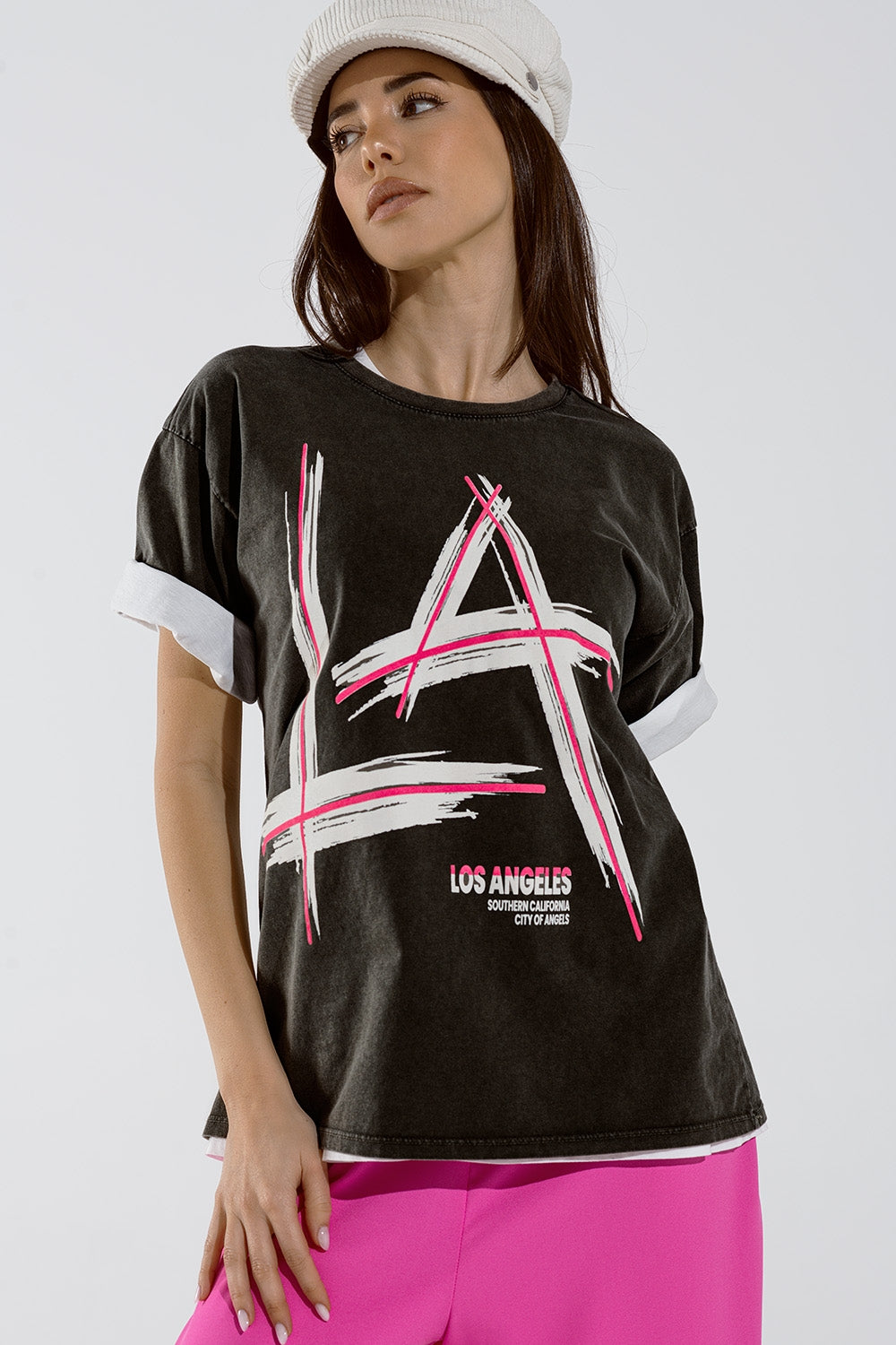 Q2 T-shirt preta descontraída com o logótipo LA Los Angeles estampado