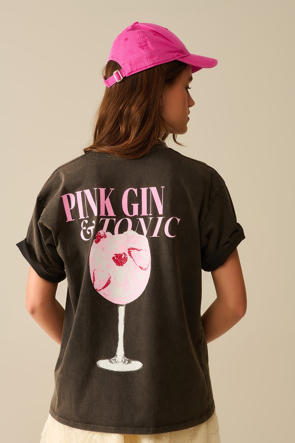 Q2 T-Shirt preta lavada PINK TONIC