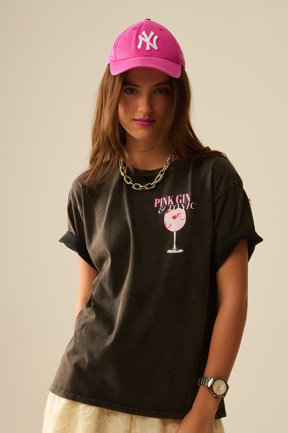 T-Shirt preta lavada PINK TONIC